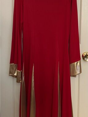 Praise Dance Attire. Red Long Sleeve Dress with Gold Accents